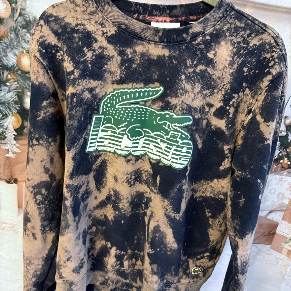(Med) Lacoste Men’s Classic Fit Navy Sweatshirt with bleach effect tie dye
